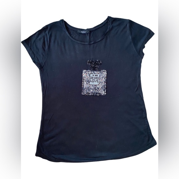 Black Boujee T-shirt Embroidered with Sequins Perfume Bottle Design - Size L - Picture 2 of 3